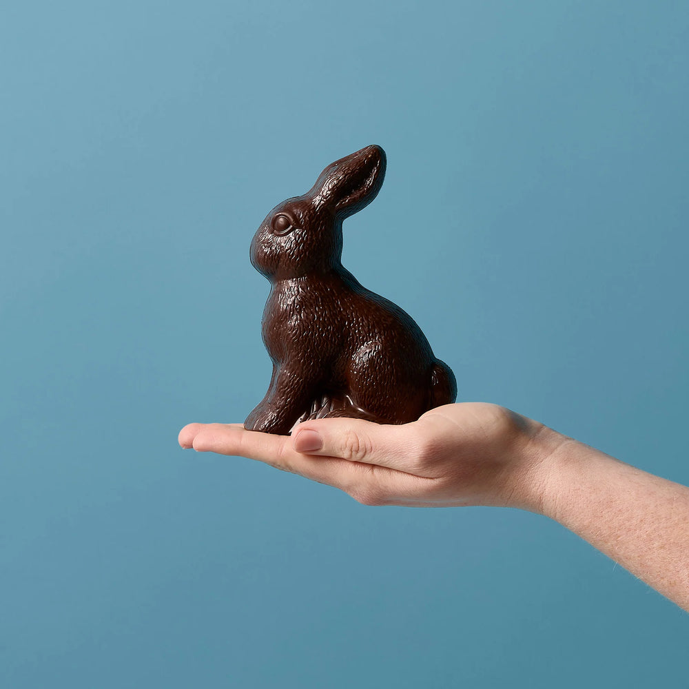 Chocolate bunny held in a hand against a blue background