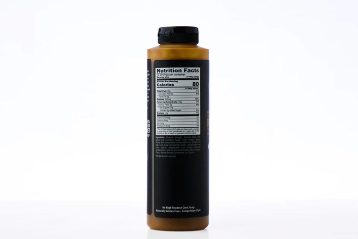 Bottle of barbecue sauce with nutrition facts label on a white background