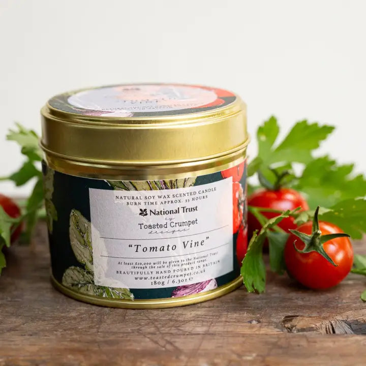 Candle in a tin labeled 'Tomato Vine' by National Trust on a wooden surface with tomatoes and leaves.