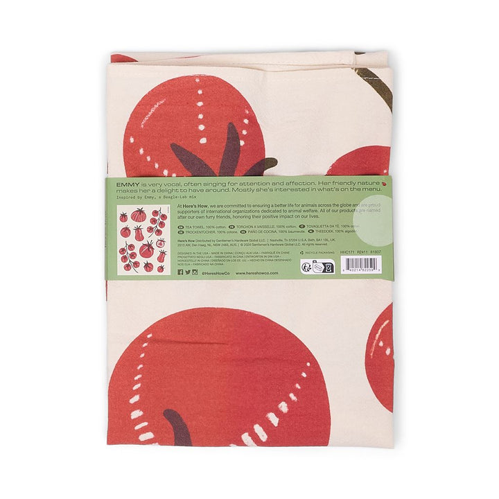 Product packaging with red circular designs on a beige background