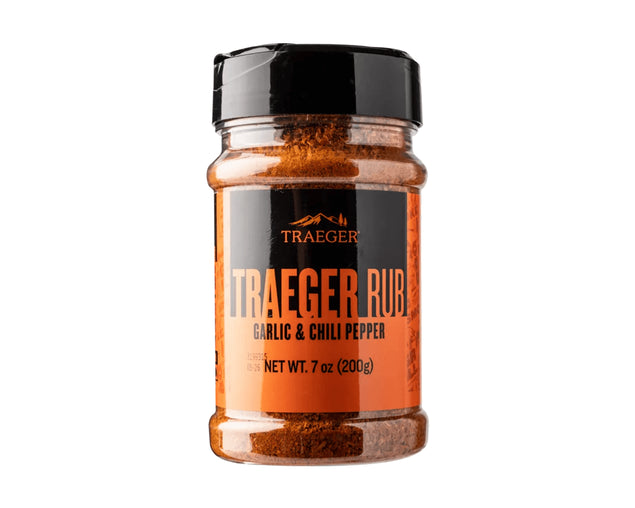 Traeger Garlic & Chili Pepper rub jar on a white background