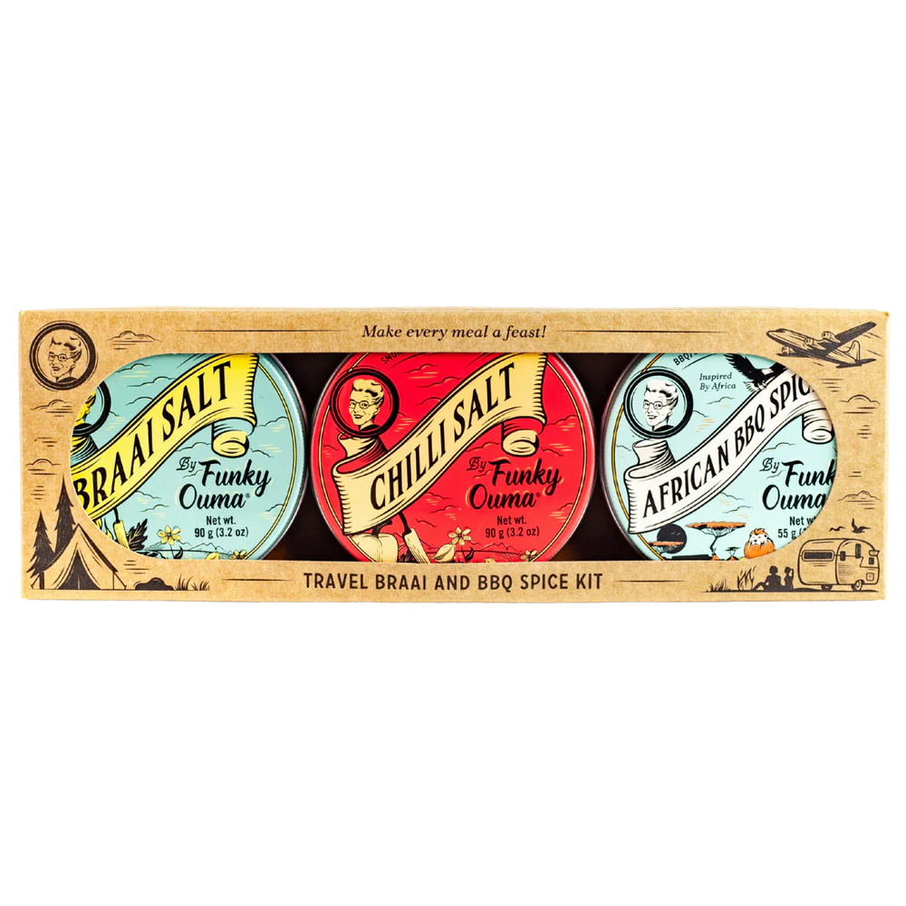 Travel braai and BBQ spice kit with three labeled spice packets in cardboard packaging