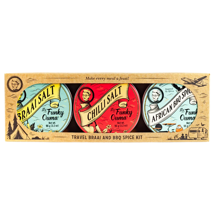 Travel braai and BBQ spice kit with three labeled spice packets in cardboard packaging