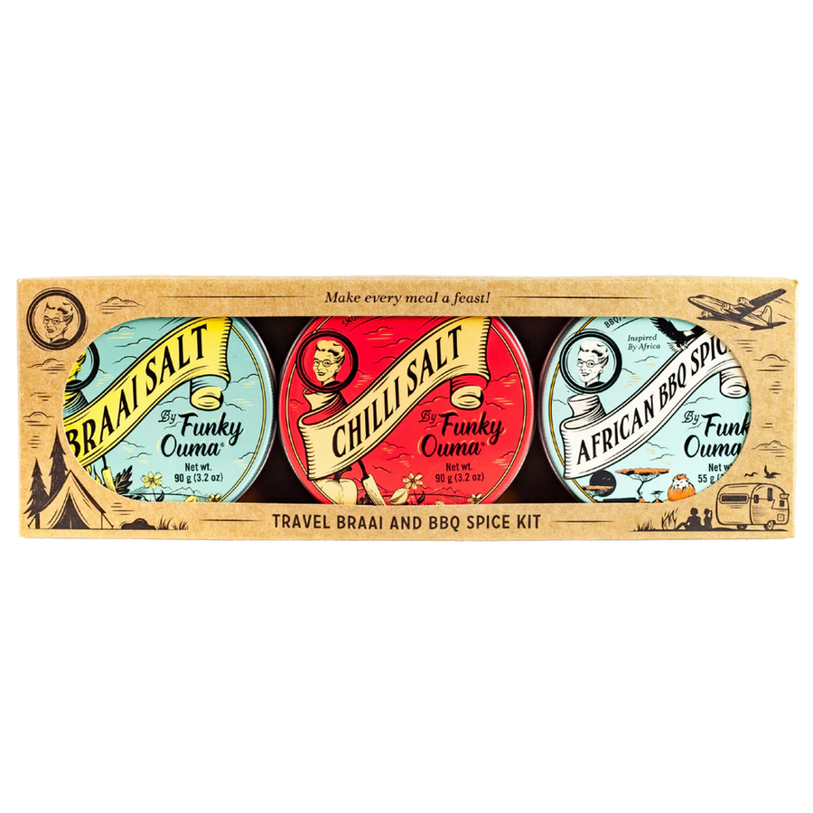 Travel braai and BBQ spice kit with three labeled spice packets in cardboard packaging