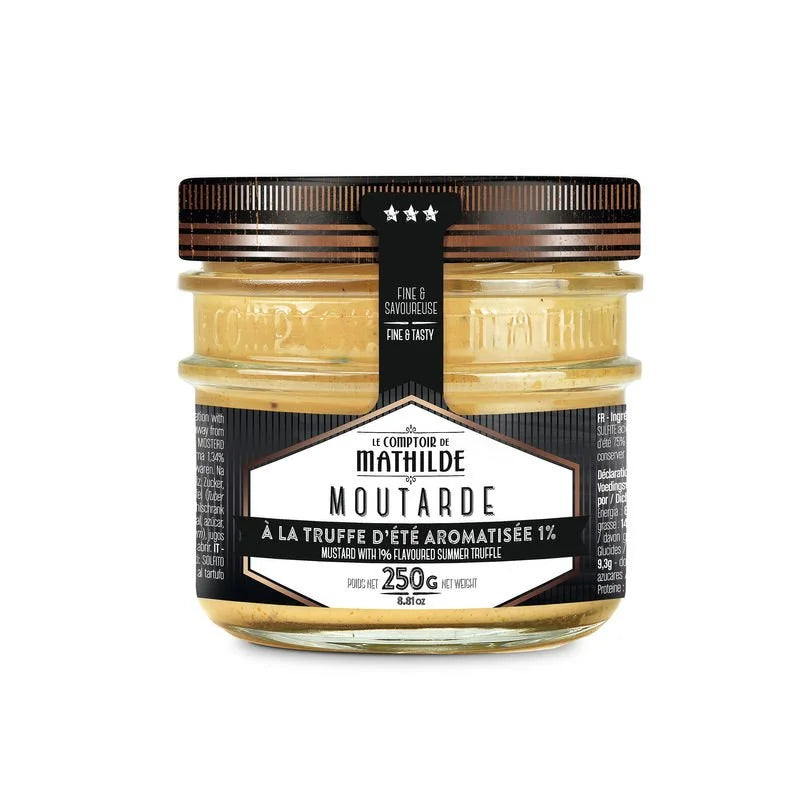 Jar of French truffle mustard with a black label on a white background