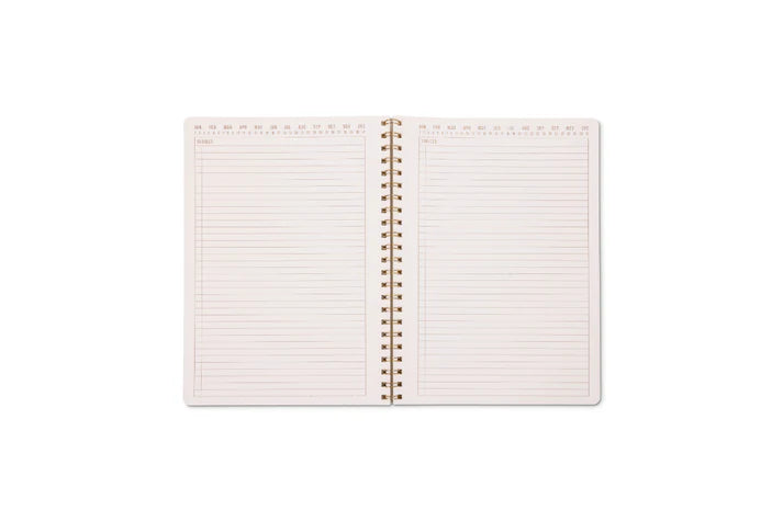 Open notebook with lined pages on a white background