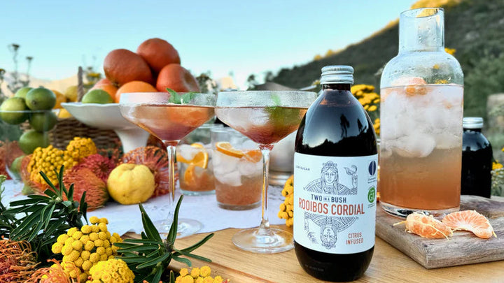 Outdoor setting with bottles of 'Two Bunches' cordial, cocktails, and fruits on a wooden table.