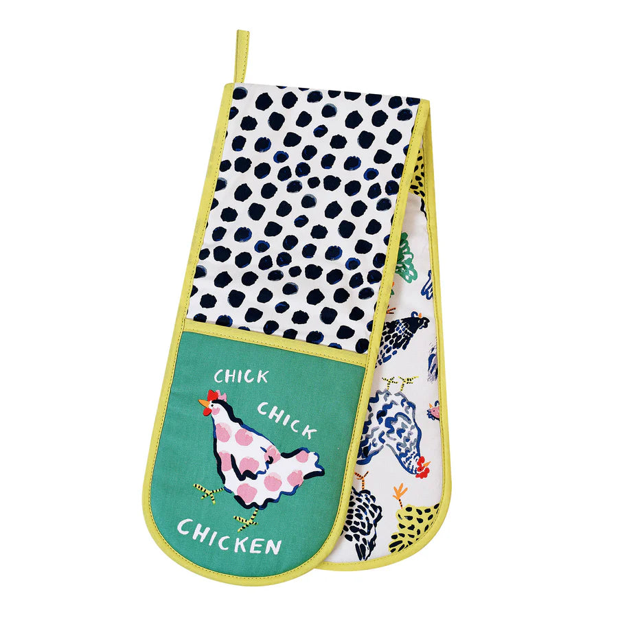 Kitchen apron with polka dot pattern and chicken design on a white background