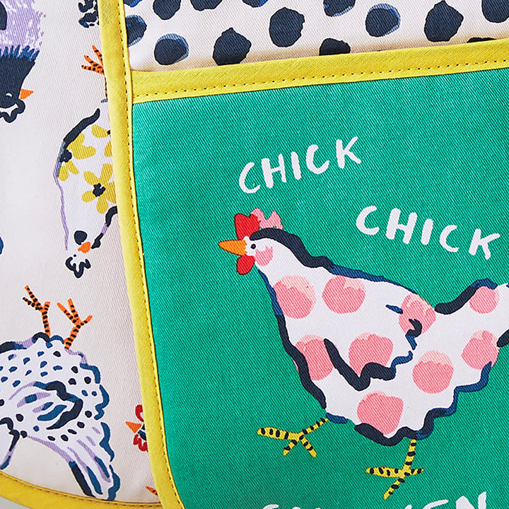 Potholder with chicken design and text on a colorful background