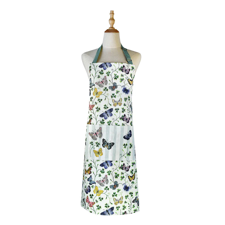 Butterfly patterned apron on a mannequin against a white background