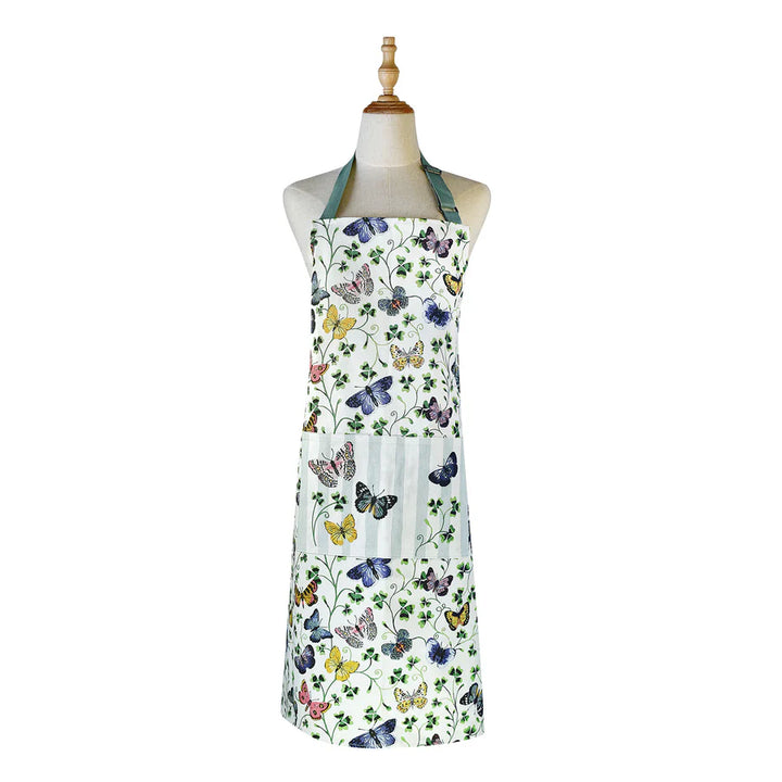 Butterfly patterned apron on a mannequin against a white background