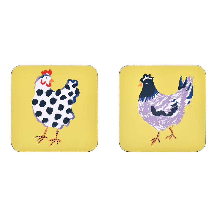Two square coasters with chicken illustrations on a yellow background