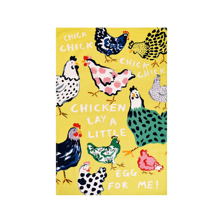 A colourful tea towel with chickens on it on a white background