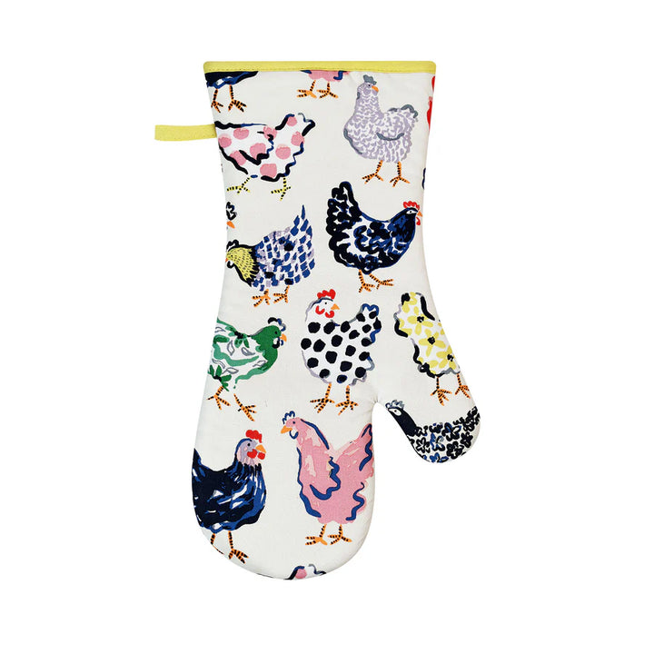Oven mitt with colorful chicken pattern on a white background