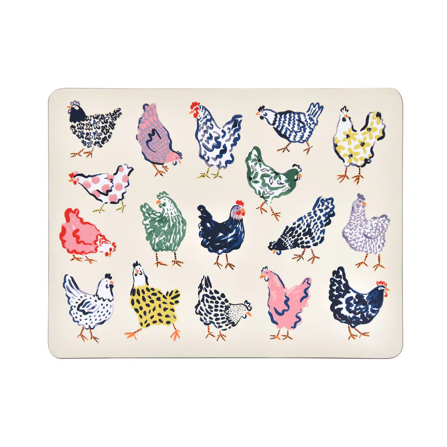 Placemat with colorful chicken illustrations on a white background