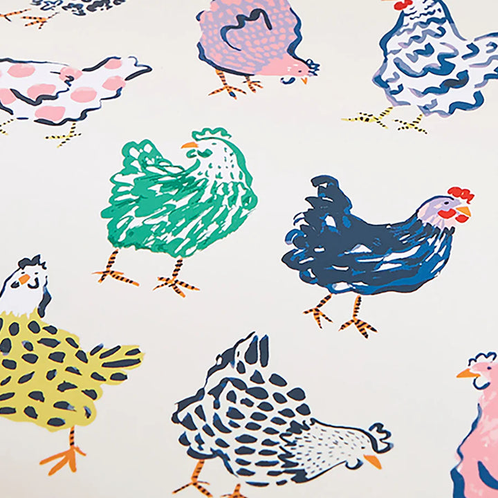 Colorful pattern of stylized chickens on a white background
