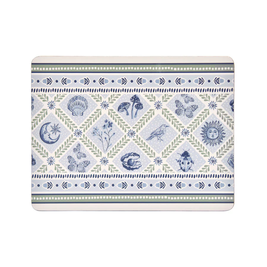 Decorative placemat with blue and green patterns on a white background