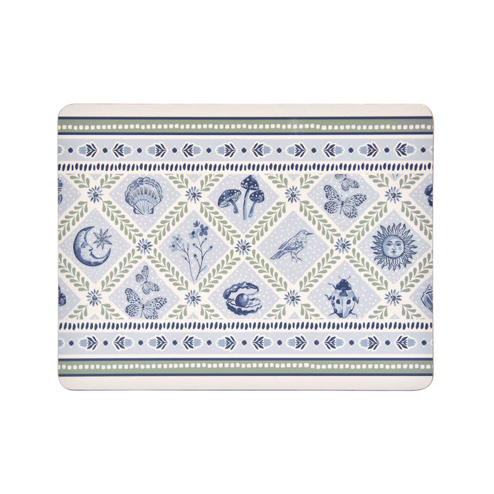 Decorative placemat with blue and green patterns on a white background