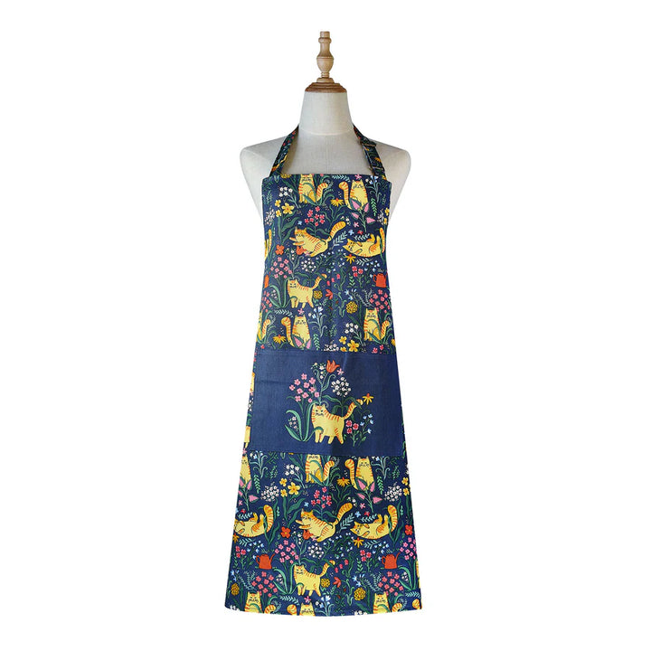 Colorful apron with cat and floral pattern on a mannequin against a white background