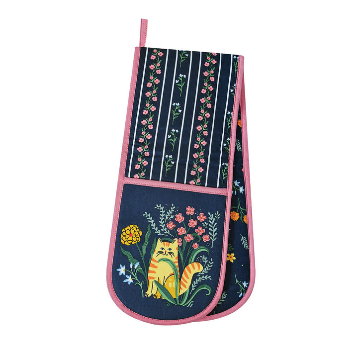 Double oven glove with cat and flowers on a white background
