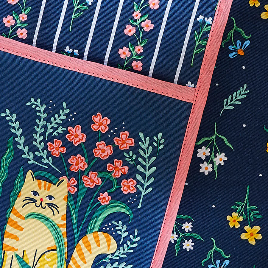 Navy fabric with pink floral border and cat design
