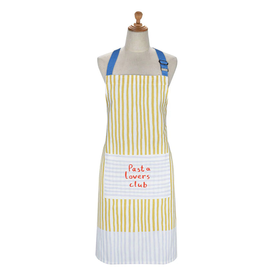 Cotton apron with strips and Pasta Lovers Club on the pocket on a white background