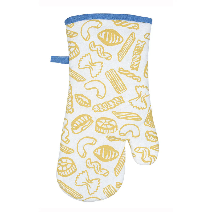 Oven mitt with yellow pasta pattern on a white background