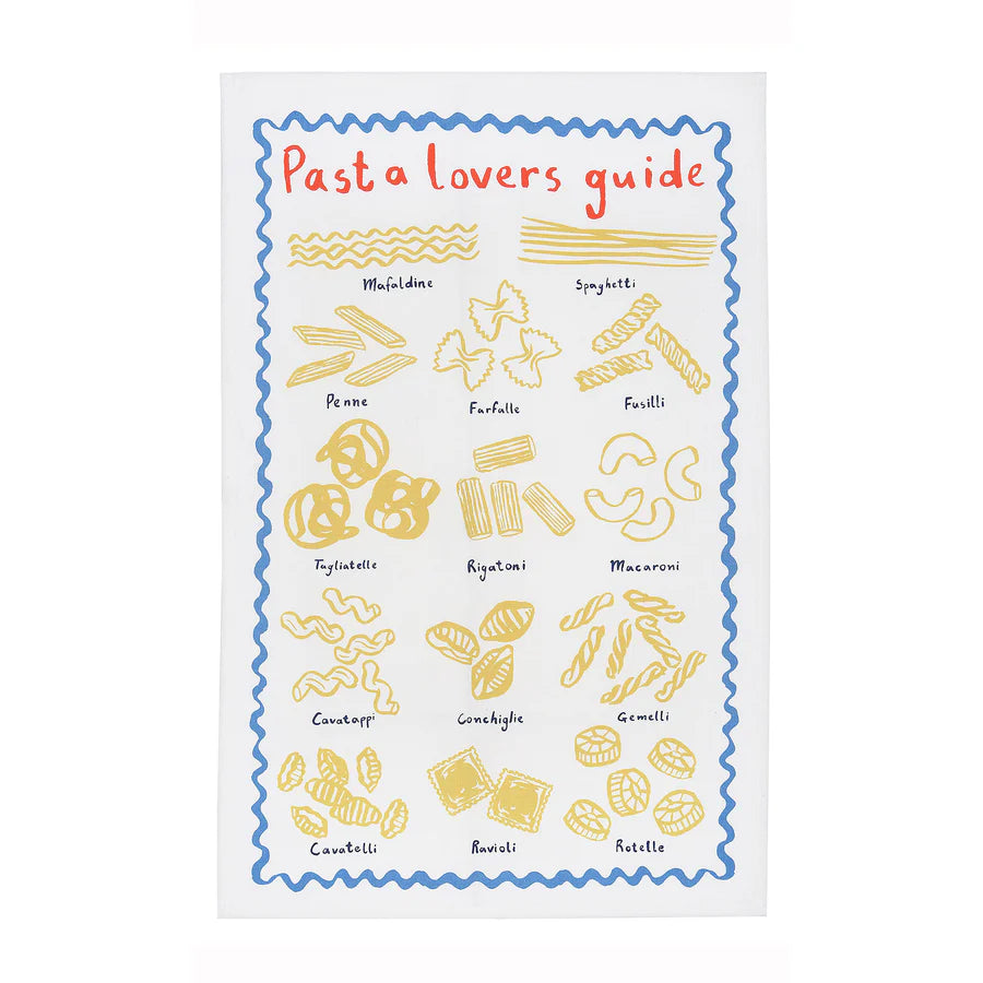 Pasta lovers guide with illustrations of various pasta shapes on a white background