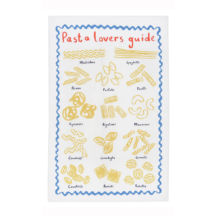 Pasta lovers guide with illustrations of various pasta shapes on a white background