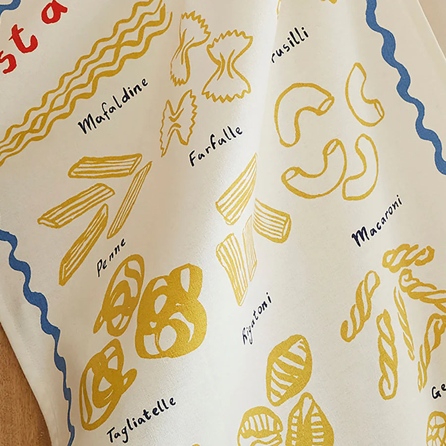 Pasta-themed kitchen towel with various pasta shapes and names.