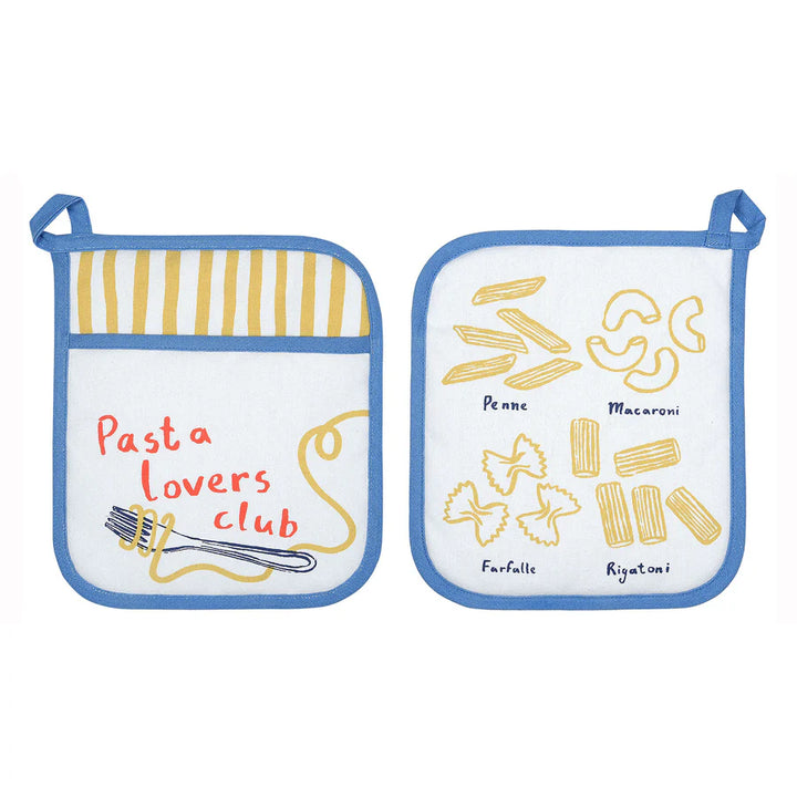 Two pot holders with pasta-themed designs on a white background