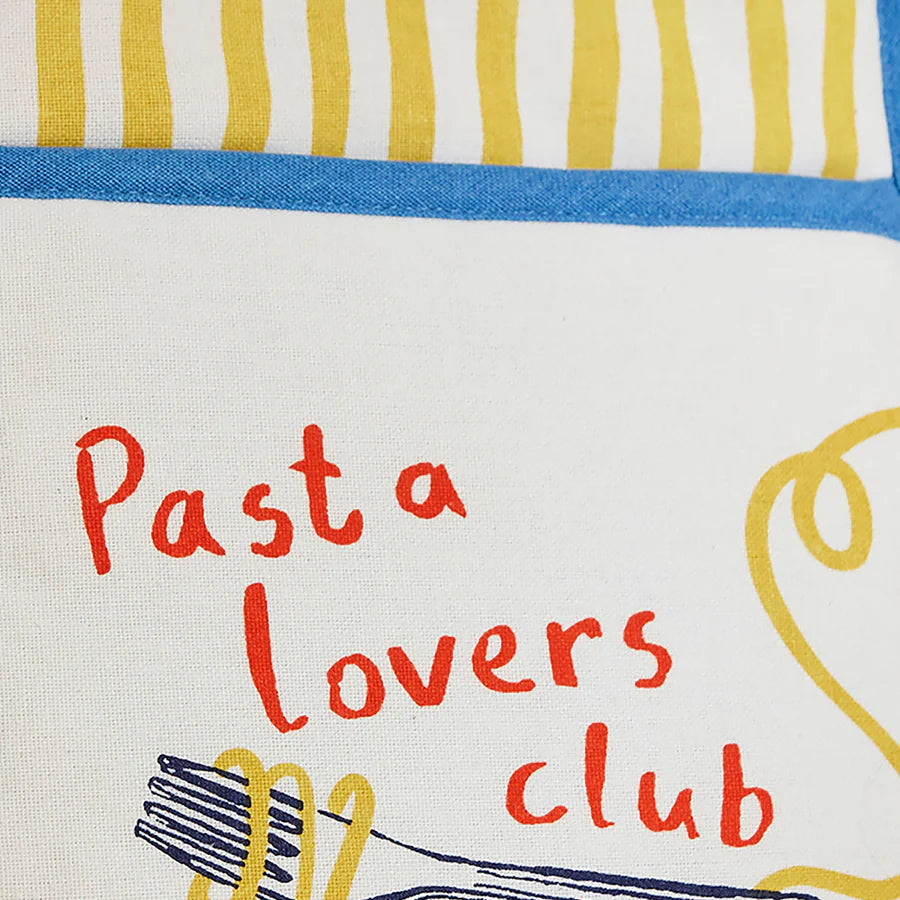 Text 'Pasta lovers club' on a fabric with striped pattern