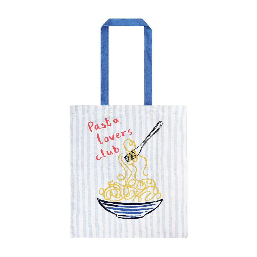 Tote bag with 'Pasta lovers club' text and spaghetti design on a white background