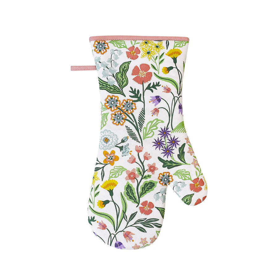 Floral-patterned oven mitt on a white background