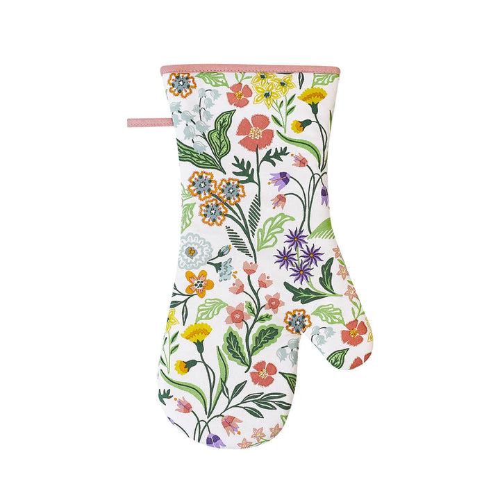 Floral-patterned oven mitt on a white background