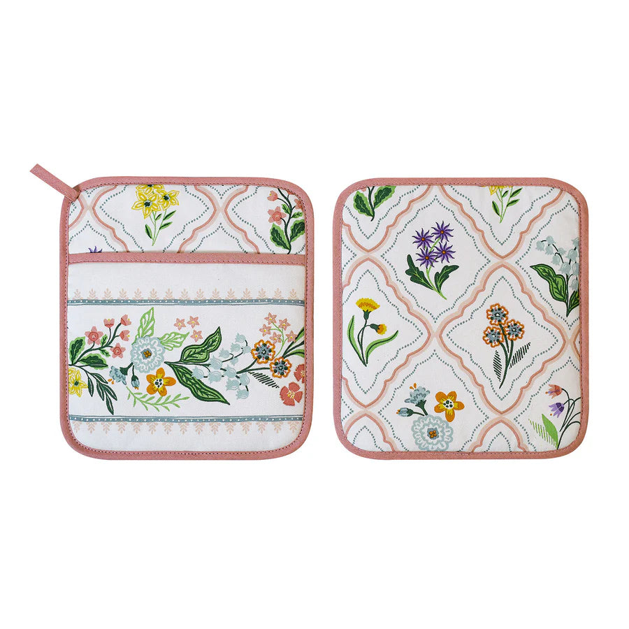 Two floral pot holders on a white background