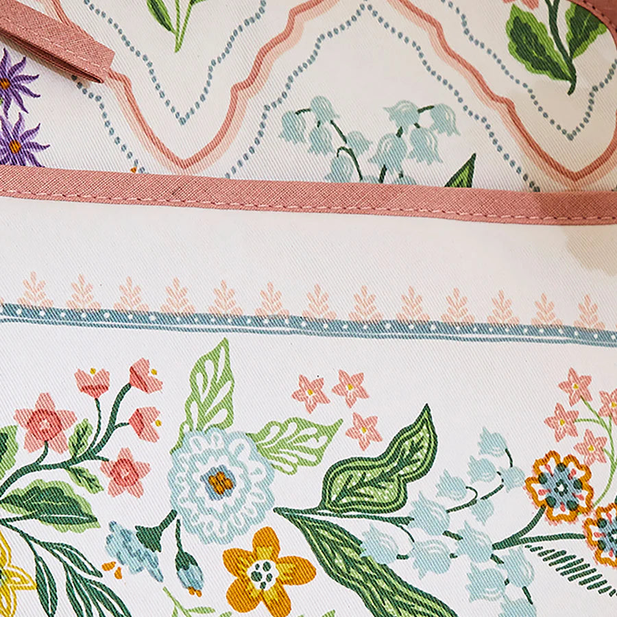 Close-up of a floral-patterned pot holder with pink zipper