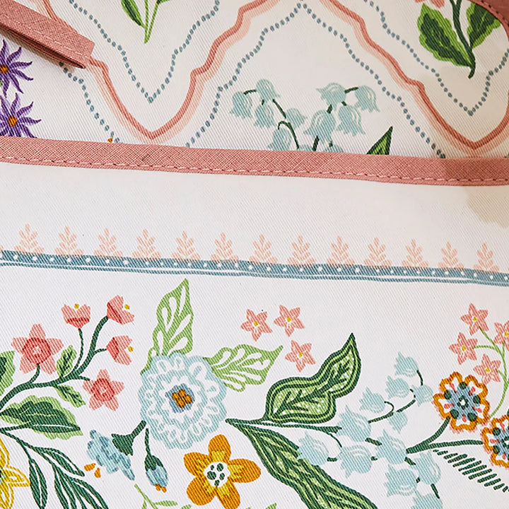 Close-up of a floral-patterned pot holder with pink zipper