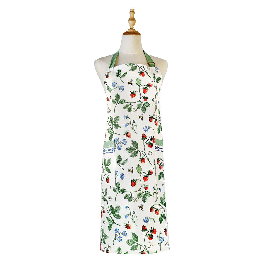 Floral apron with strawberry design on a mannequin against a white background