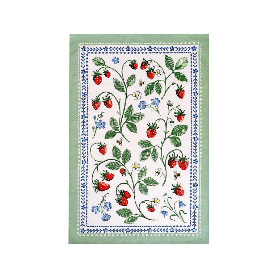 Tea towel with strawberry design on a white background