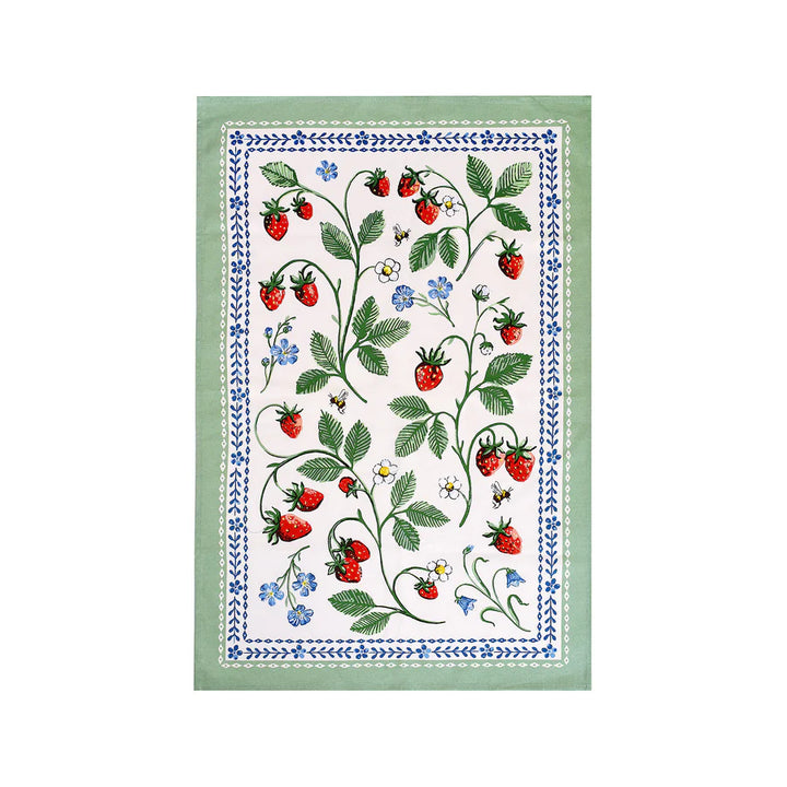 Tea towel with strawberry design on a white background