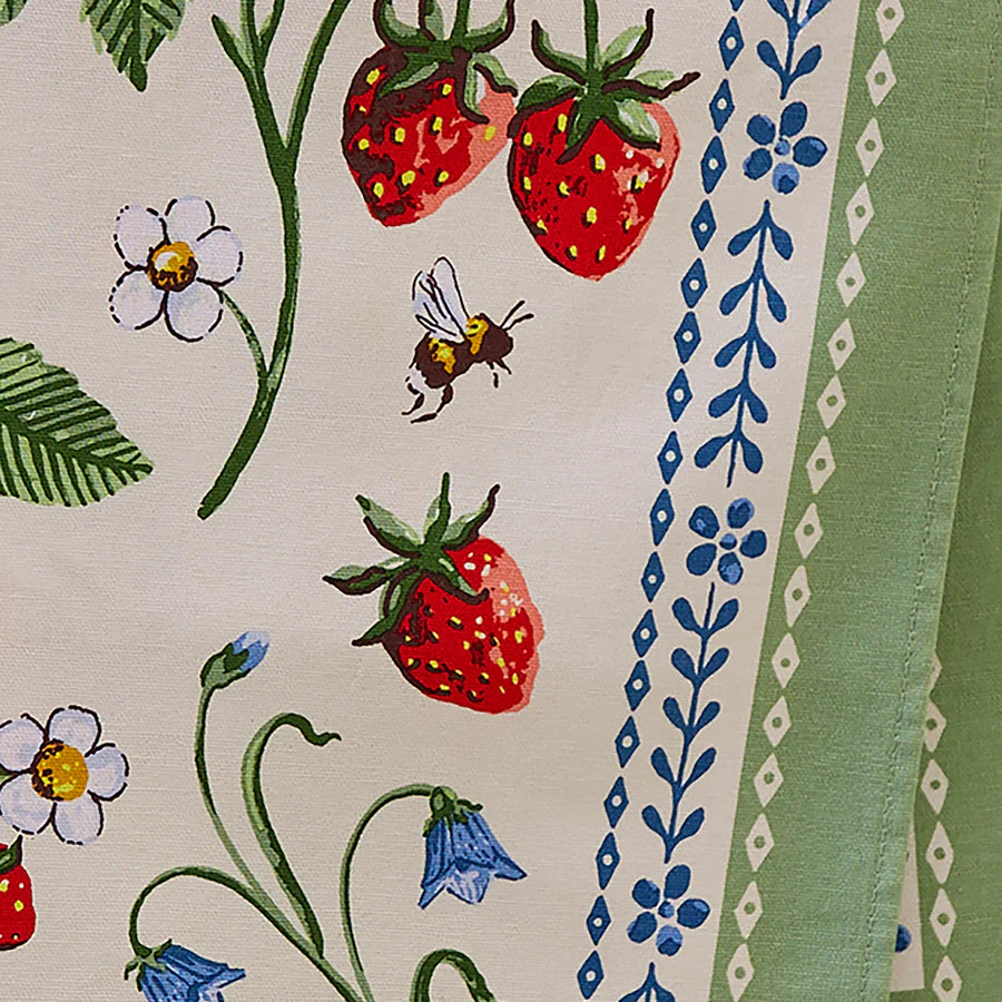 Tea Towel with strawberry and bee pattern on a beige background
