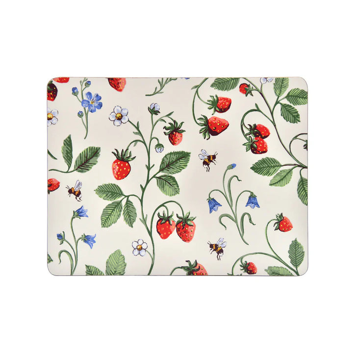 Cork placemats with strawberries &amp; bees design on a white background