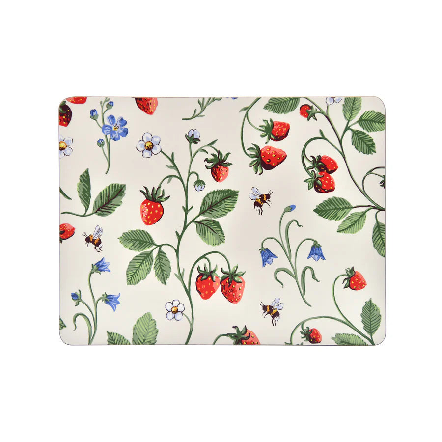 Cork placemats with strawberries & bees design on a white background