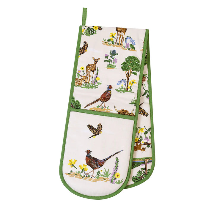 Oven mitt with nature-themed design featuring animals and plants on a white background