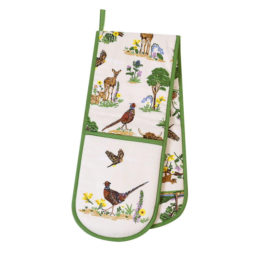 Oven mitt with nature-themed design featuring animals and plants on a white background