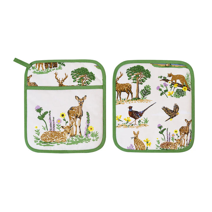 Set of two pot holders with nature-themed design featuring animals and plants on a white background.