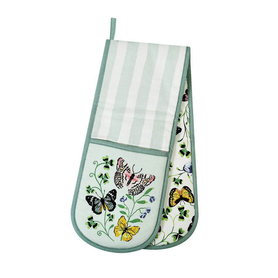Double oven mitt with butterfly design on a white background