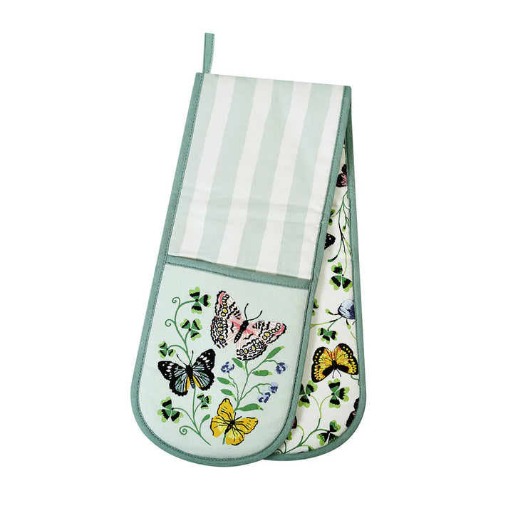 Double oven mitt with butterfly design on a white background