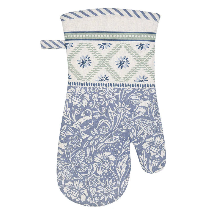 Blue and white patterned oven mitt on a white background